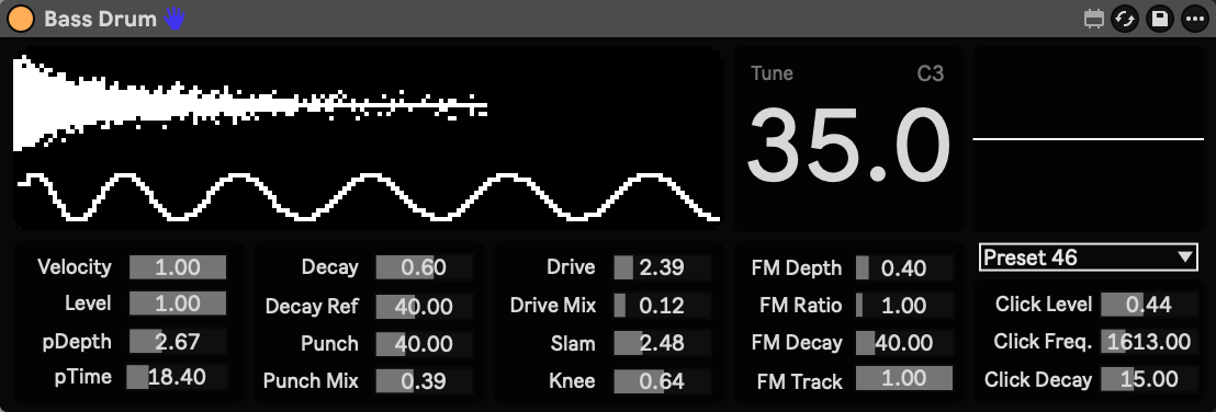 The Bass Drum device in Ableton Live: a parameter-drawn display of the sound's shape above its synthesis controls.