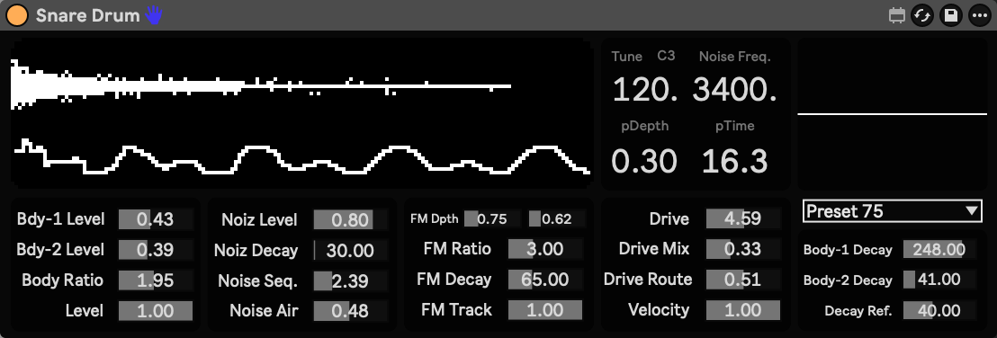 The Snare device in Ableton Live: a parameter-drawn display of the sound's shape above its synthesis controls.
