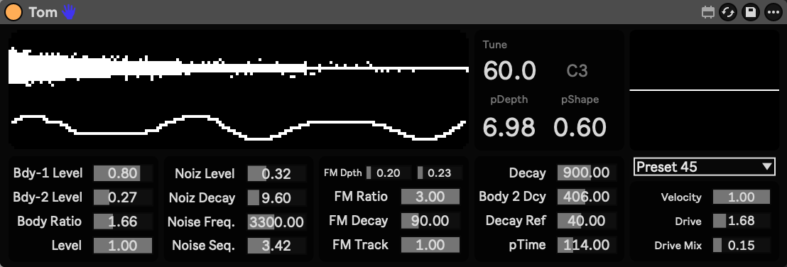 The Toms device in Ableton Live: a parameter-drawn display of the sound's shape above its synthesis controls.