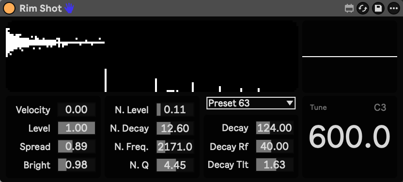 The Rim Shot device in Ableton Live: a parameter-drawn display of the sound's shape above its synthesis controls.
