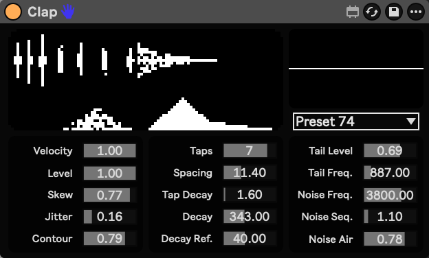 The Hand Clap device in Ableton Live: a parameter-drawn display of the sound's shape above its synthesis controls.