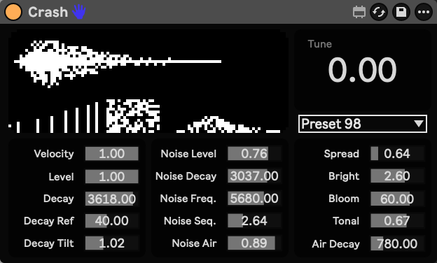 The Crash device in Ableton Live: a parameter-drawn display of the sound's shape above its synthesis controls.