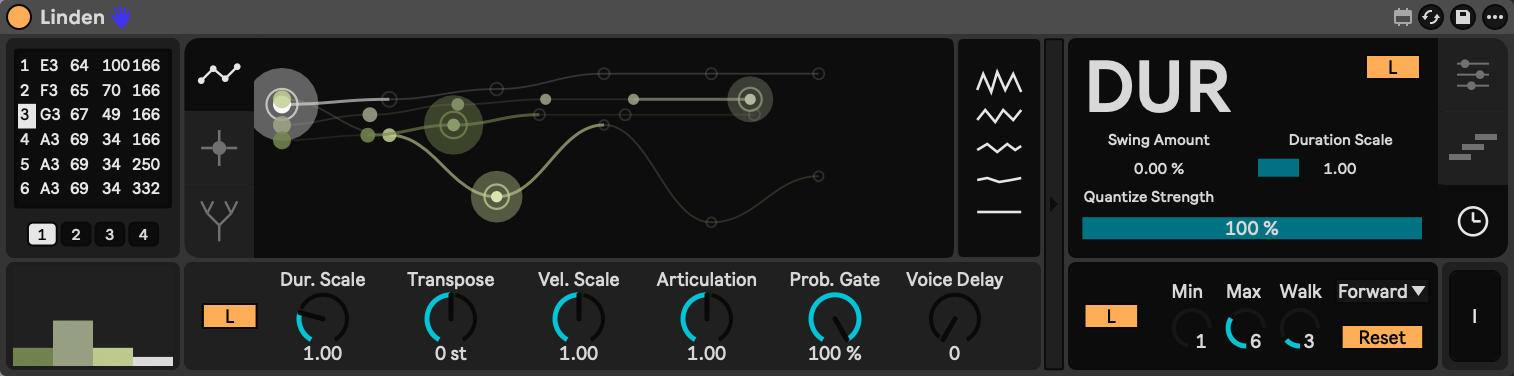 Linden time panel: swing amount, duration scale and quantize strength.