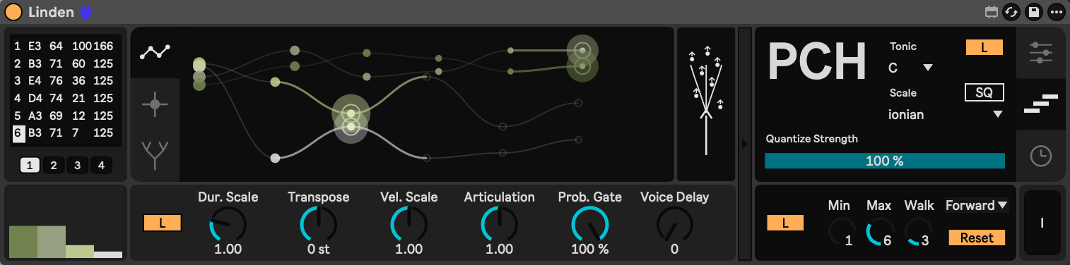Linden pitch panel: tonic C, Ionian scale, quantize strength.