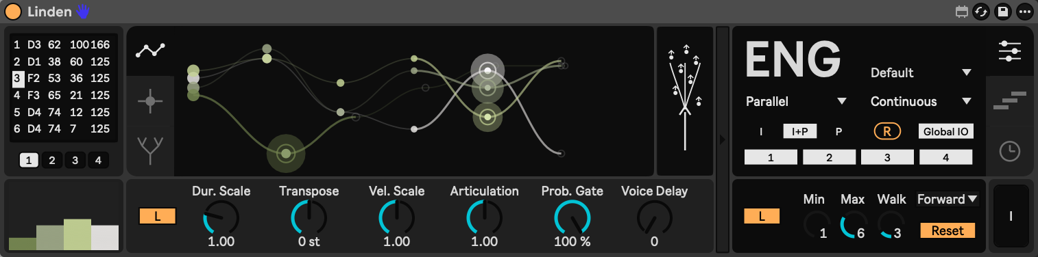 The Linden device in Ableton Live: a seed table, four voices drawn as branching curves on a black graph, playback knobs, and the engine panel.