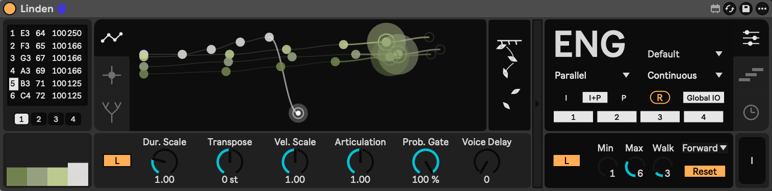 Linden engine panel with a different rule selected; the glyph beside the graph shows falling leaves.